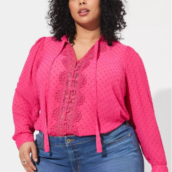 torrid Tops - TORRID Chiffon  Clip Dot Ruffle Neck Tie Front Top in Pink Peacock - Size 1